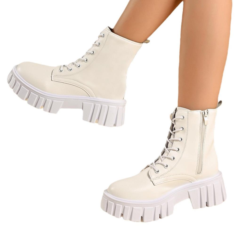 Fashion Chunky Platform White Ankle Boots Women Autumn Winter Pu Leather Booties Mujer Punk Thick Bottom Motorcycle Boots Size 35-43