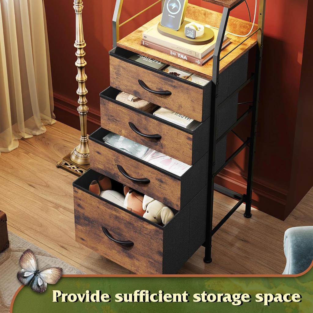 Комод с 4 ящиками, тумбочка высотой 37 дюймов со станцией для зарядки, светодиодной подсветкой, USB и розеткой, тканевыми ящиками, деревянной полкой, рустикальный коричневый