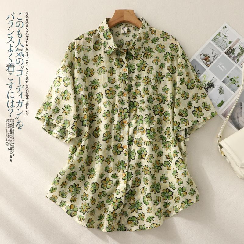 Retro printed short-sleeved cotton large-size shirt casual Hong Kong style loose shirt trendy summer 1116 new women