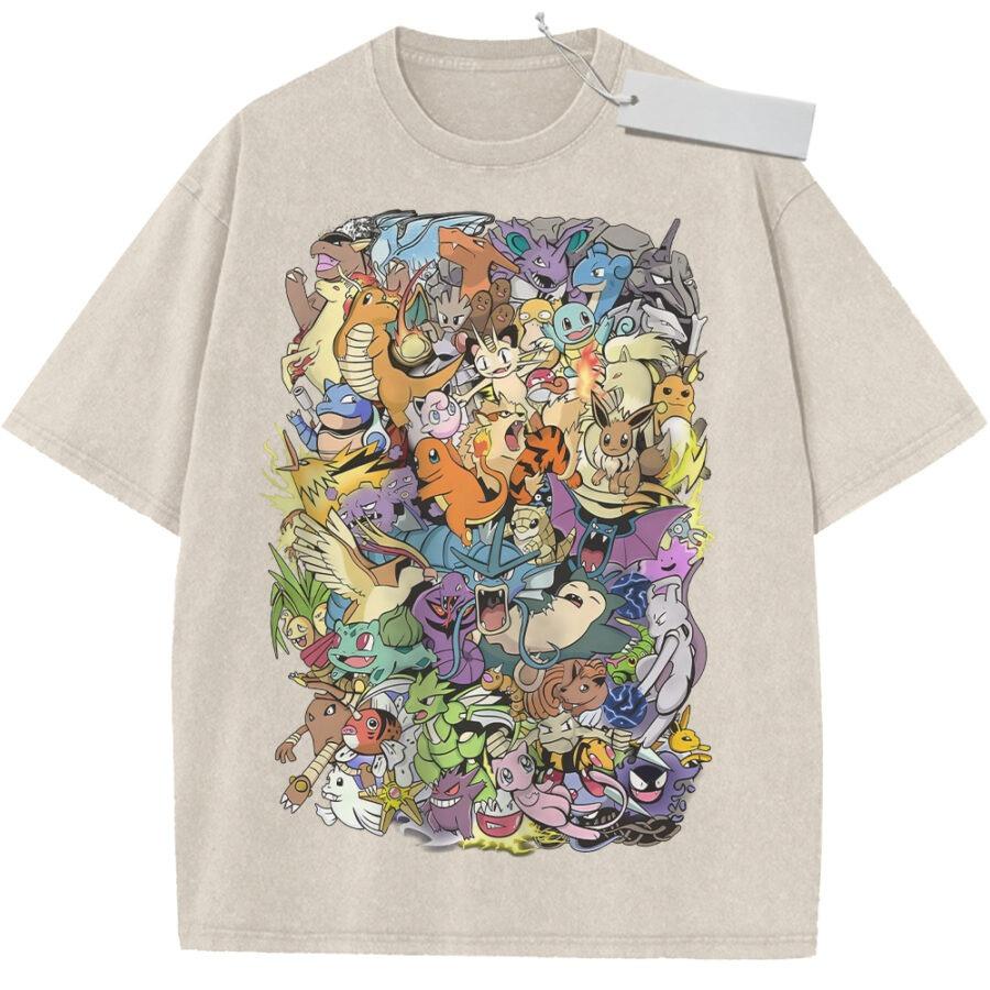 Vintage Washed Tshirt Pokemon Anime Characters Oversized Print Streetwear Fashion Casual Daily Wear Party Campus