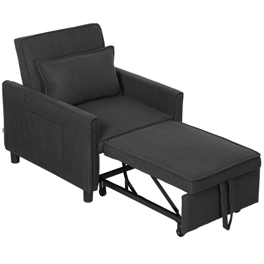 Reclining Sofa Bed Armchair with Side Pockets, in Velvet-Effect Fabric, 74x84x81 cm, Dark Grey