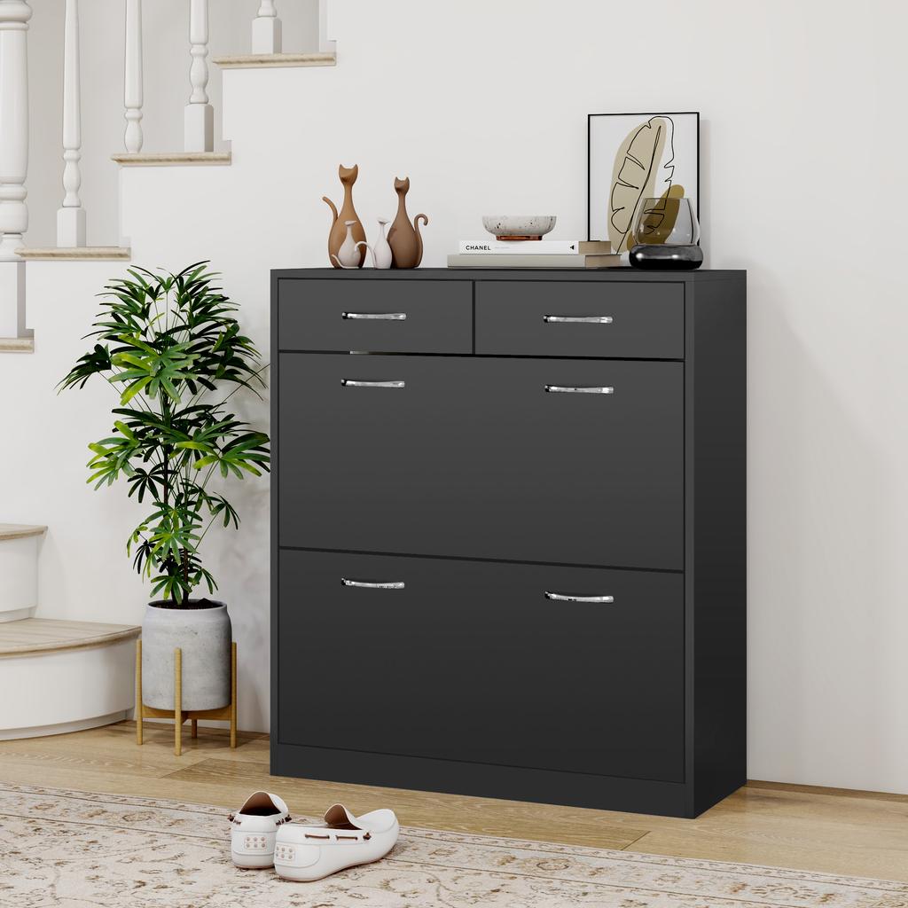 Узкий шкаф для обуви, 2 выдвижных ящика, на 12 пар, 80x30x91,5 см, Черный