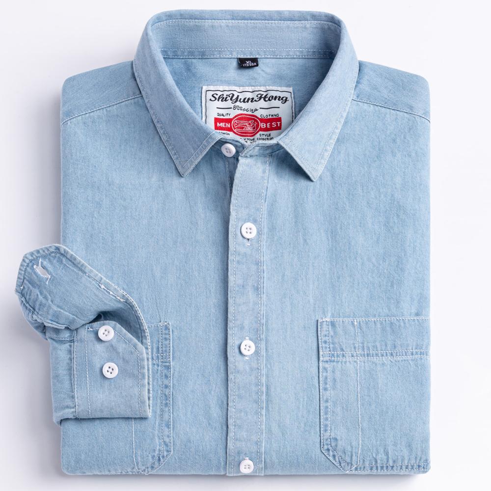 Man 100% Cotton Western Denim Pocket Shirt Long Sleeve Standard-fit Comfort Durability Soft Casual Washed Durability Work Shirts