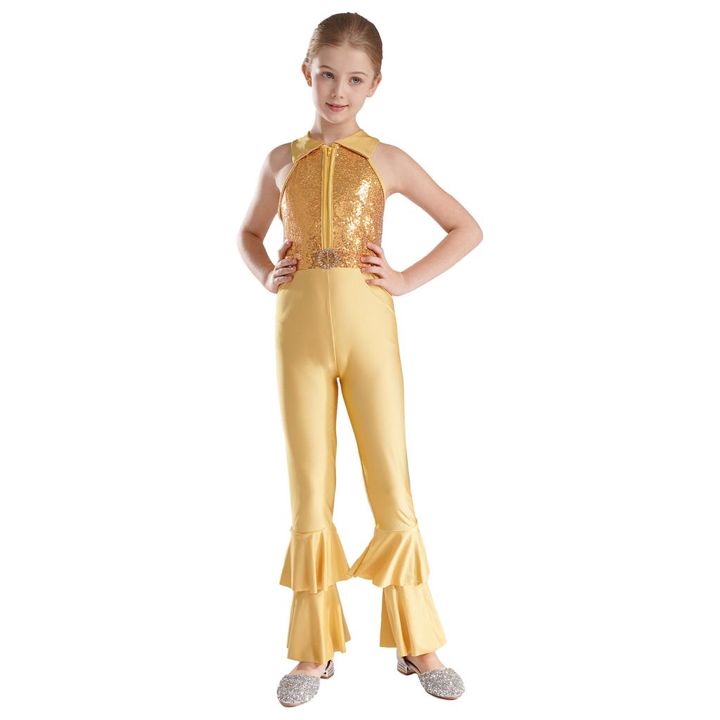Kids Girls Unitards Bodysuit Sleeveless Tiered Bell-bottom Pants Style Dance Gymnastic Leotard Jumpsuit