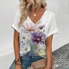 Summer New 3D Printe T-shirt Women's V-neck Top Summer Daily  Short-sleeved White Comfortable Street T-shirt