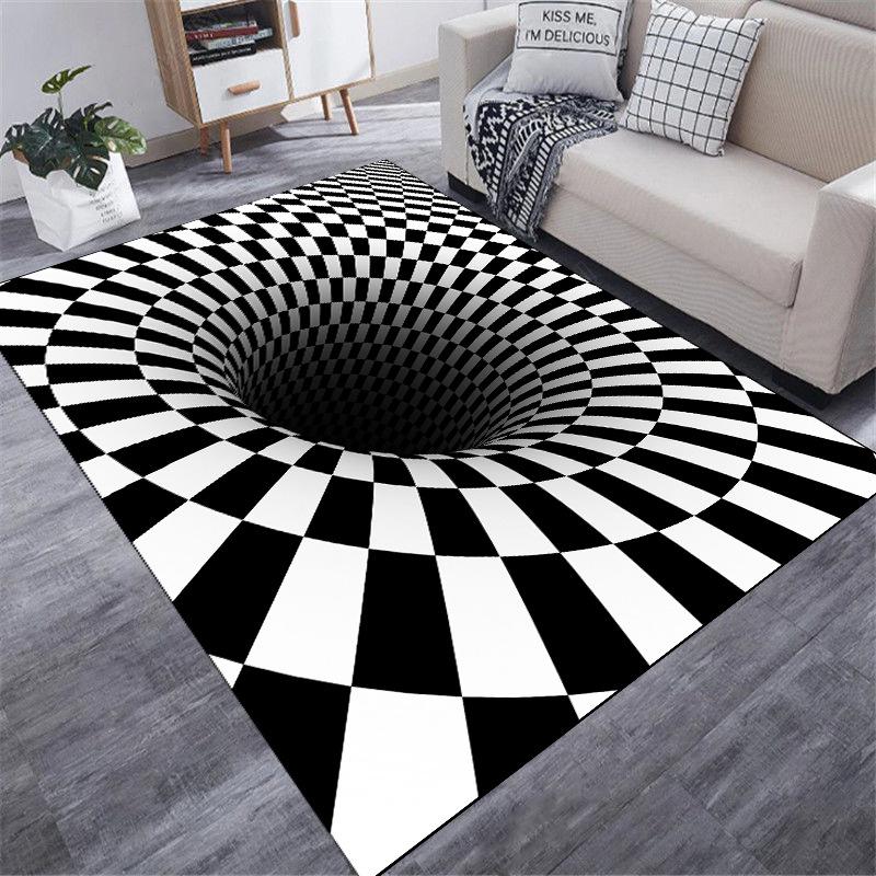 3D Optical Illusion Print Carpet Black and White Checkered Rug Home Decoration Mat Absorbent Non-slip Fun Decor Carpet