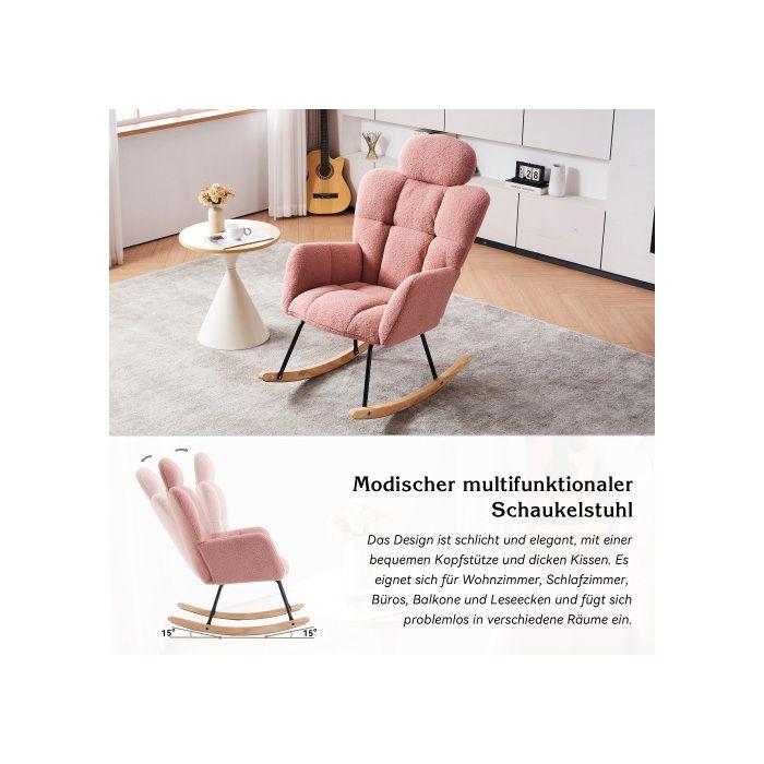 Fauteuil à bascule, tissu peluche doux, tufté, assise rembourrée pour salon et chambre à coucher, rose