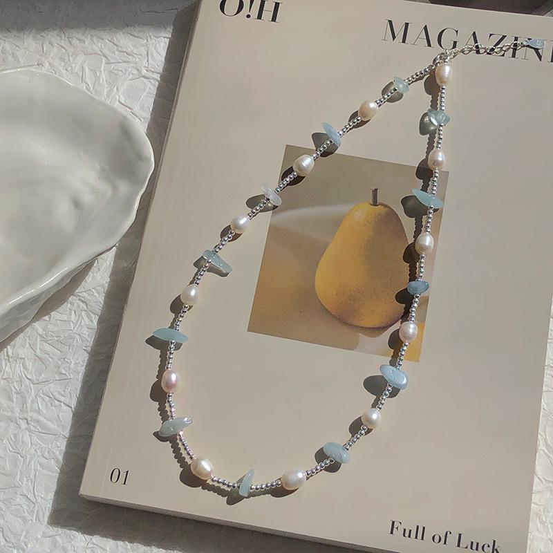 Неправильной формы аквамарин и пресноводный жемчуг S925 стерлинговое серебро минималистичное колье