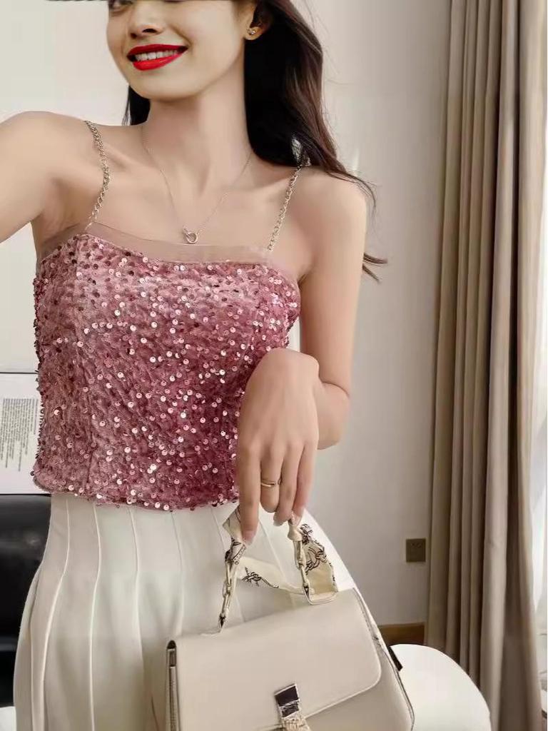 Slim Sequin Bandeau Tank Top - Summer Fashion