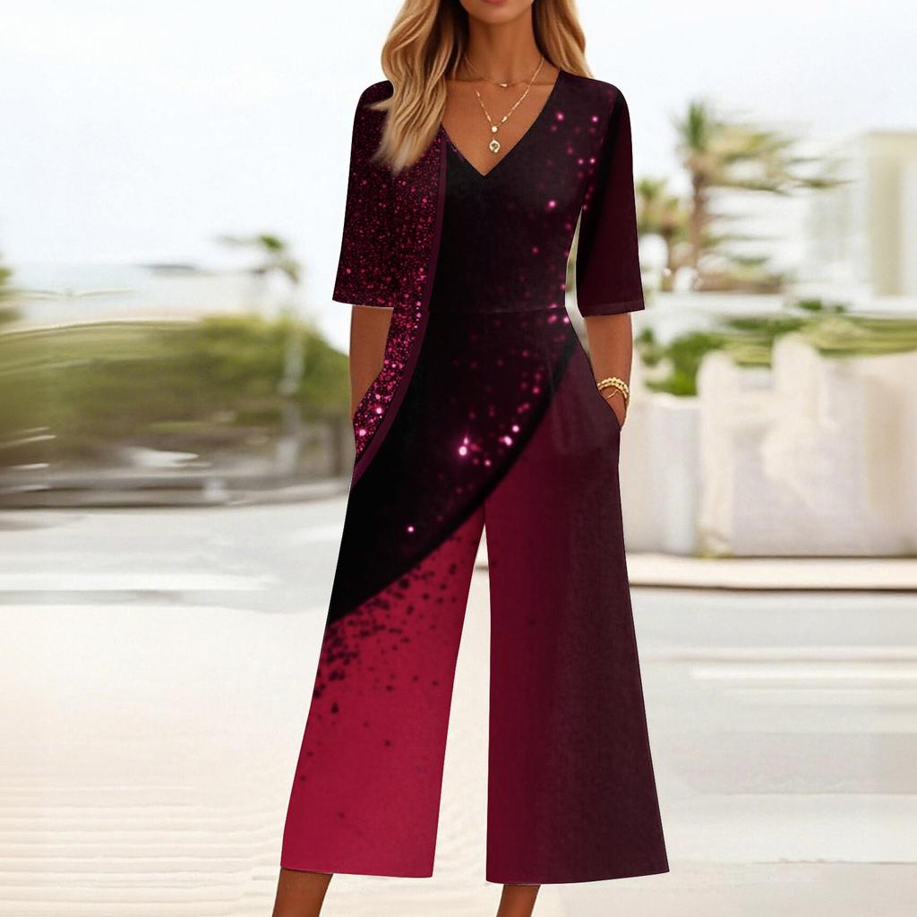 Женский свободный повседневный комбинезон с V-образным вырезом и принтом, облегающий комбинезон с широкими штанинами, комбинезон с широкими штанинами