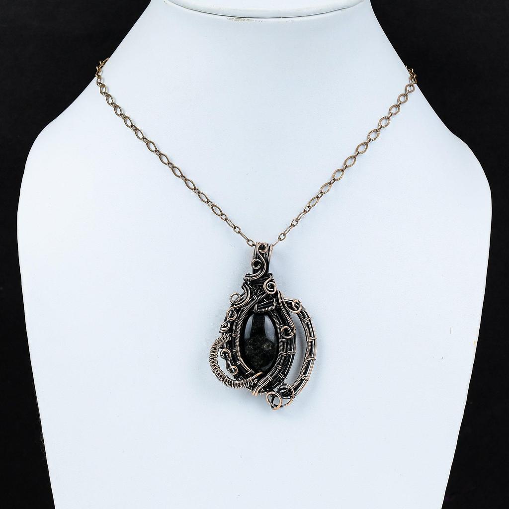 Серебряный блеск обсидиановый кулон Медная проволока Кулон Оригинальный кулон с драгоценным камнем Медные украшения Стильный кулон Ювелирные изделия ручной работы для подарка