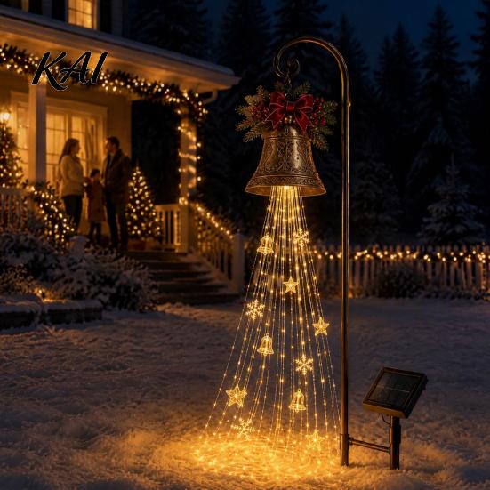 Solar Powered Yard Accents Christmas Bell Waterfall Light, LED Metal Garden Stake with Red Ribbon, Iron Art Holiday Displays Auto On/Off, Waterproof