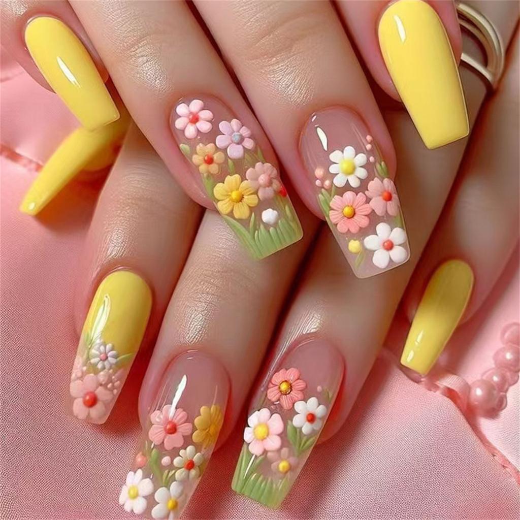 Square Press On Nails Flower Fake Nails Stick On Nails In 12 Sizes 24 Pcs French Nails Tips for DIY Nail Art Decorations
