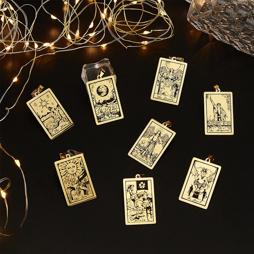 8Pcs 8 Styles 201 Stainless Steel Pendants Laser Engraved Pattern Tarot Card Pendants Golden 40x24x1mm Hole: 8x4mm 1pc/style