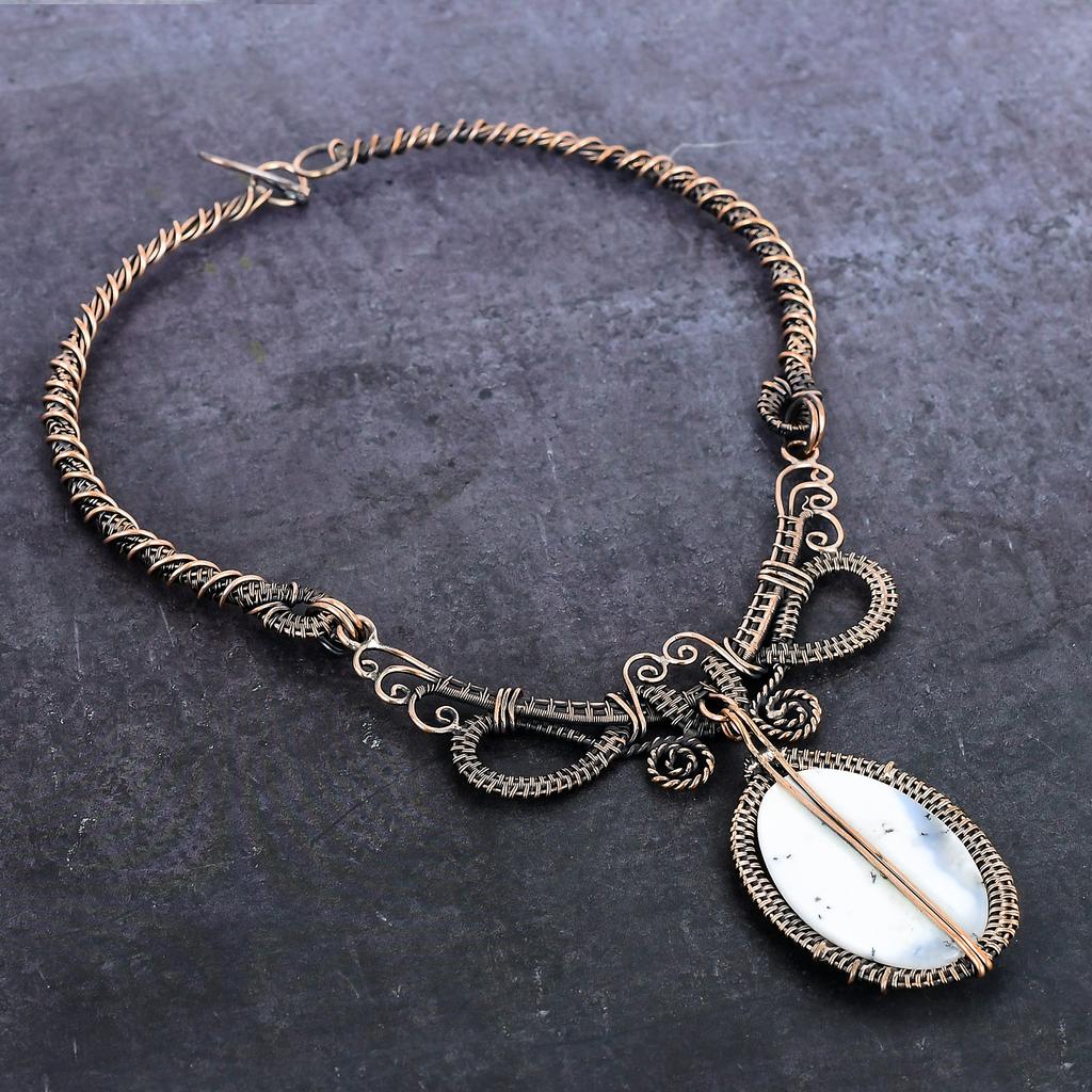 Натуральный Дендритовый Опал Драгоценный Камень Медная Проволока Оплетка Ювелирное Ожерелье 18" D5r85