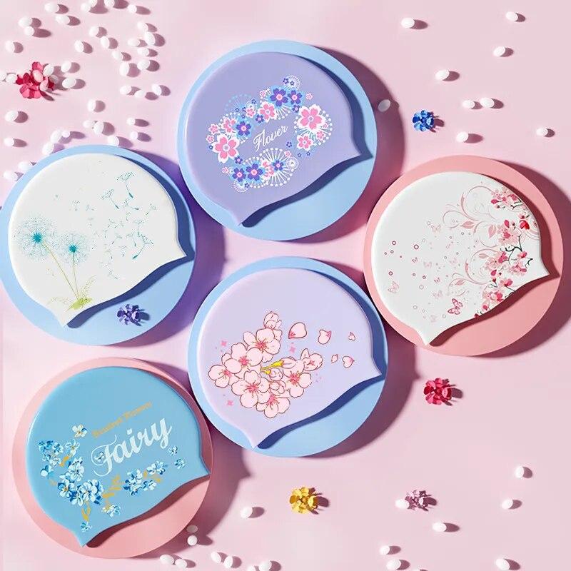 Силиконовая шапочка для плавания со свежим сладким цветочным принтом для женщин, модная шапочка для плавания с длинными волосами, защита ушей, аксессуары для бассейна