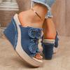 Fashion Women's Denim Platform Flip-Flops Summer New Round Toe Open Toe Metal Belt Buckle Slide-Proof Heels
