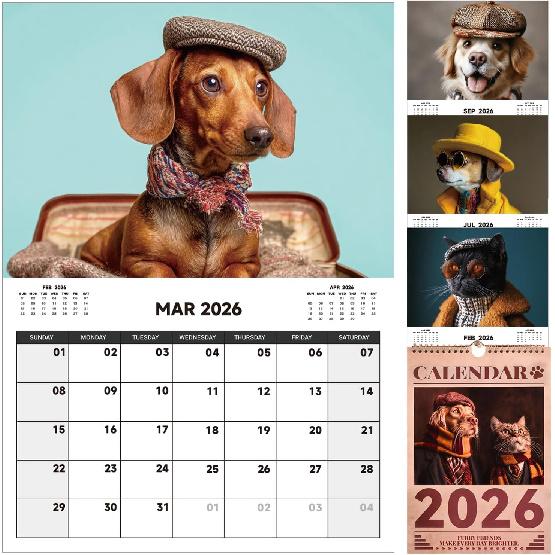 2026 Wall Calendar, 12 Months Cute Cat & Dog Pet Calendar 2026 Monthly, 8.2 x 11.7 inch, from Jan 2026 - Dec 2026, Thick & Sturdy Paper with Hanger,