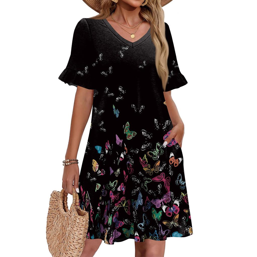 Женское А-силуэтное летнее платье с коротким рукавом, V-образным вырезом и принтом, с карманами