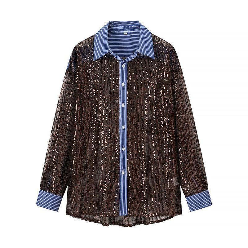 Kaslead New Women clothes Western Style Fashion Long sleeve Loose Casual Sequins Shirts