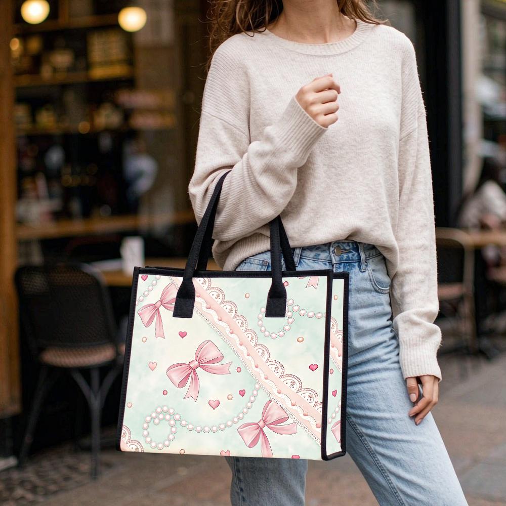 Cute Pink Bow Pattern Tote Bag Casual Daily Shoulder Bag for Ladies Shopping
