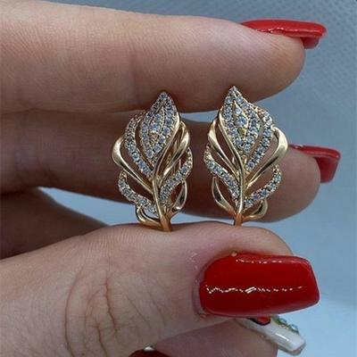Серьги-кольца в форме листа для женщин, блестящий золотой цвет с кубическим цирконом, элегантные темпераментные свадебные украшения