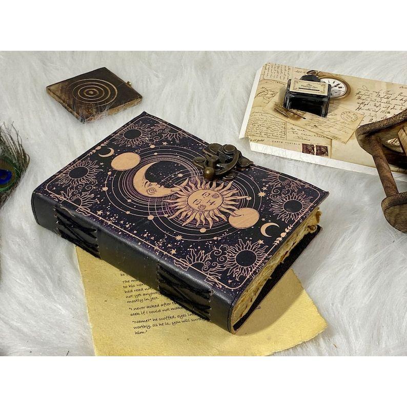 Sun and Moon Blank Spell Book of Shadows Handmade Grimoire Journal Junk Journal Witchcraft Journal Leather Gifts for Men and Women