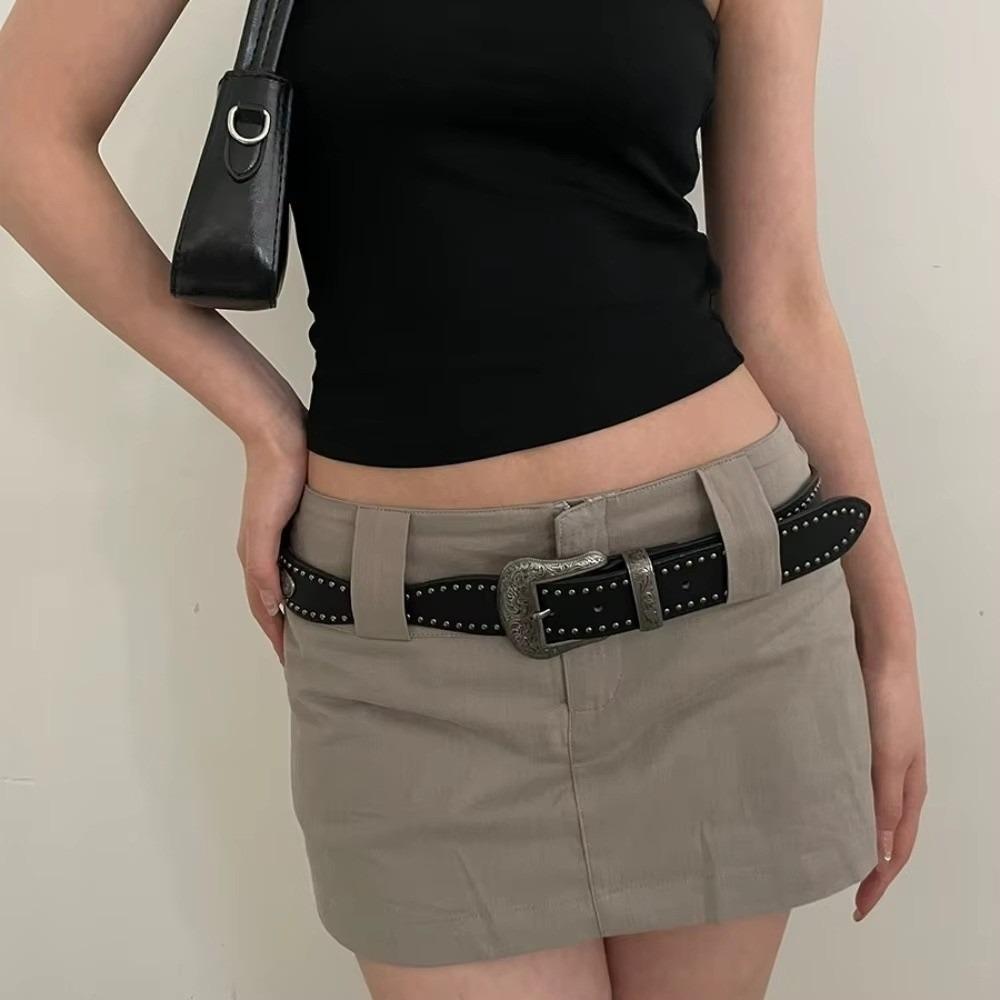 Y2K Black Belt Waist Seal American Style Leather Wide Belt New Rivet Belt Gifts