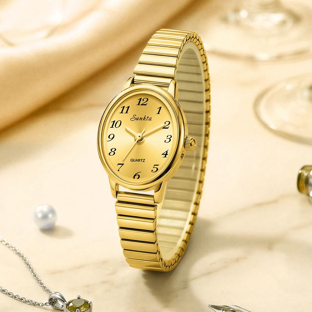 SUNKTA Quartz Women's Watch Fashion Simple Arabic Digital Women's Watch Trendy Stretch Steel Band Watch
