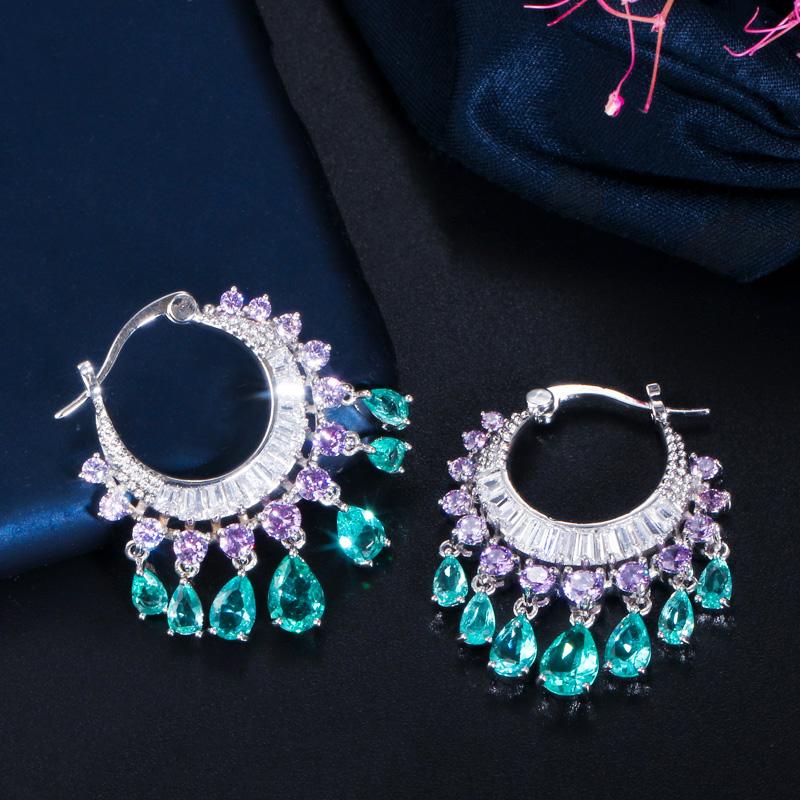 WWJ Большие круглые серьги-кольца с каплями воды и цирконом с кисточкой