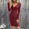Women's Sparkly Sequin Bodycon Midi Dress Sexy Long Sleeve Deep V Neck Dress Ruched Cocktail Party Dress