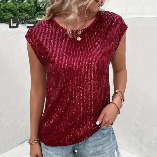 Женская футболка с круглым вырезом без рукавов свободного кроя футболка с блестящими пайетками повседневные футболки стандартного кроя топ повседневная одежда