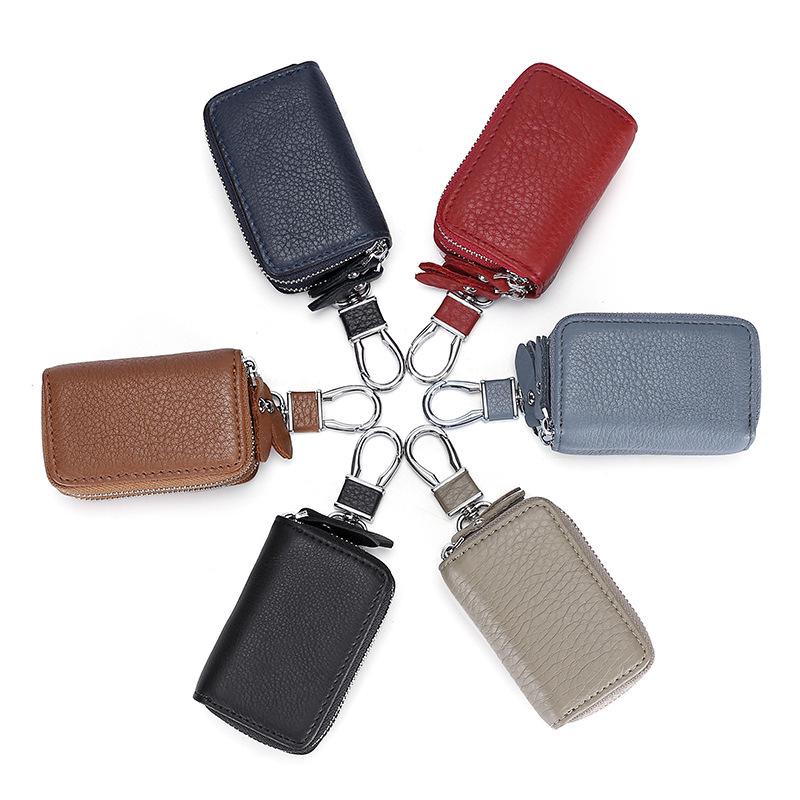 Genuine Leather Double Zipper Car Key Bag with Waist Hanging Key Chain for Men