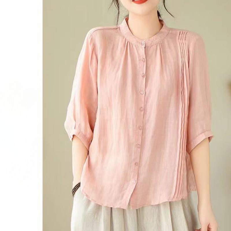 Casual Cotton Blouse Women's Summer High-end Fashion Mid Sleeved Tops Shirts