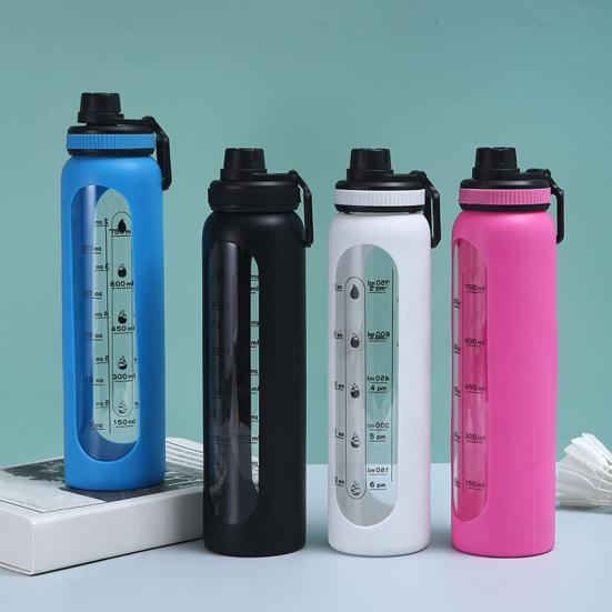 Стеклянная бутылка для воды с силиконовым чехлом, с отметкой времени, 1000 мл, герметичная, из боросиликатного стекла, стакан для воды для спорта, фитнеса, офиса, не содержит БФА, идея для подарка для напитков