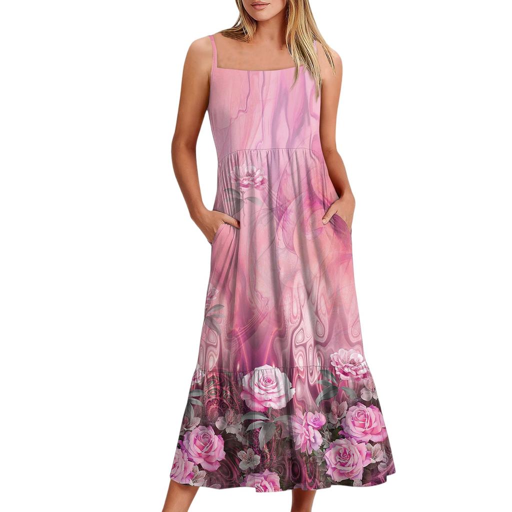 Женское длинное пляжное повседневное элегантное платье макси на тонких бретельках с цветочным принтом, струящееся платье в стиле бохо