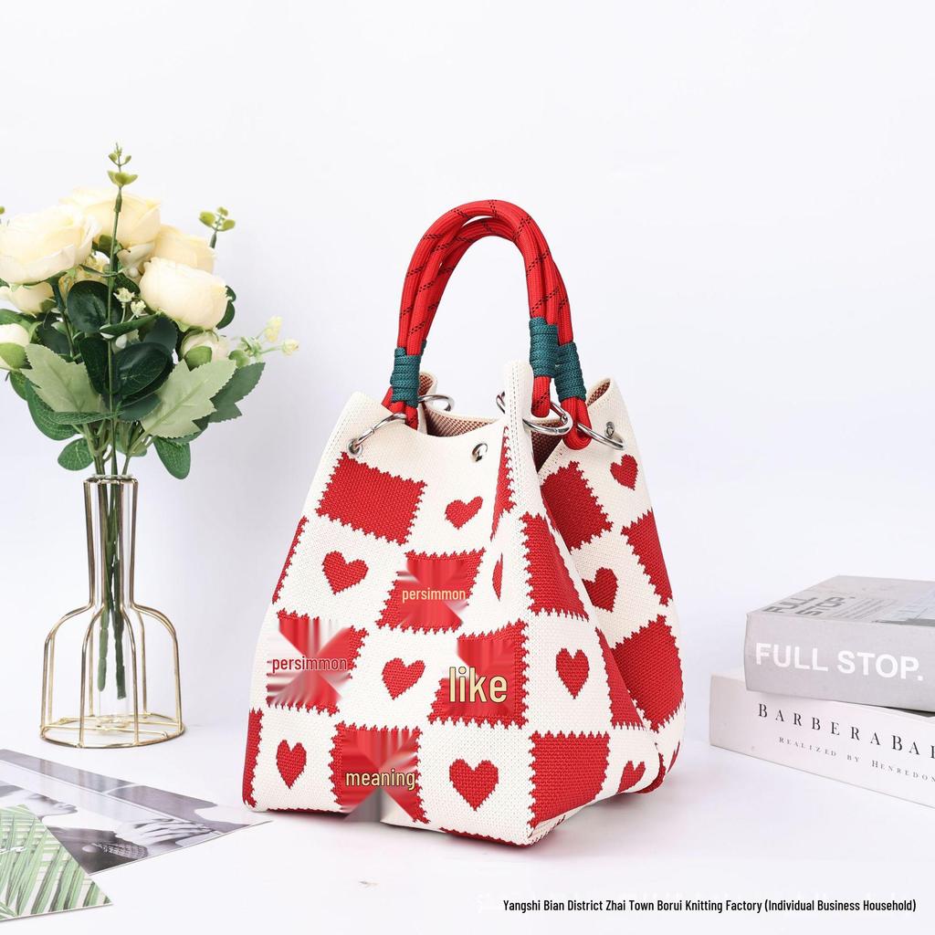 Korean-Style Cute Handbag with Magnetic Buckle, Large Capacity, Casual Woven Knit Bucket Bag for Work and Commute