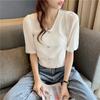 Модные трикотажные топы женские тонкие летние темпераментные элегантные короткие рукава V-образный вырез шифоновая трикотажная рубашка повседневные основные облегающие пуловеры футболки