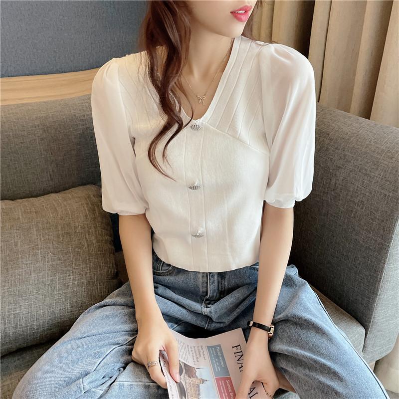 Модные трикотажные топы женские тонкие летние темпераментные элегантные короткие рукава V-образный вырез шифоновая трикотажная рубашка повседневные основные облегающие пуловеры футболки