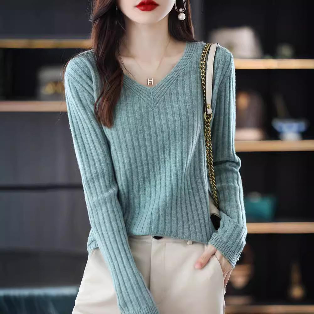 Трикотаж Весна и осень, тонкий пуловер с v-образным вырезом, подшерсток с длинными рукавами, женский свитер, простой и элегантный универсальный топ