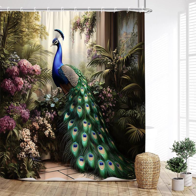 Blue Peacocks Shower Curtains Forest Trees Plants Flowers Waterfall Scenery Polyester Fabric Bathroom Curtain Decor With Hooks