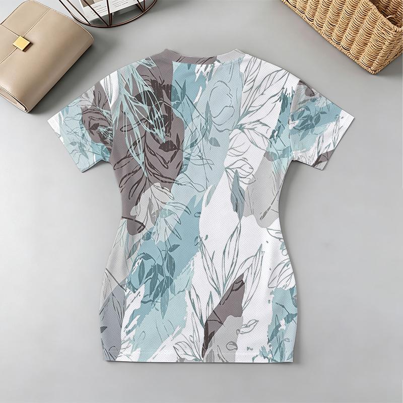 Women's Basic V-Neck Mini Dress – Short Sleeve, Soft Slim Fit, Subtle Floral, Versatile for Beach Vacation, Daily Commute & Everyday Wear