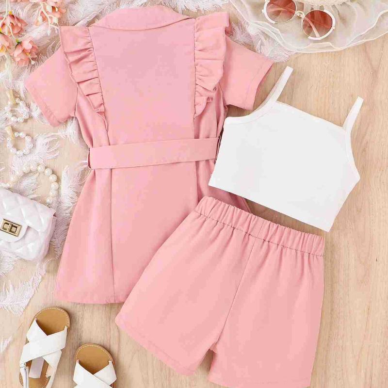 Girls' Fashion Suit Spring Summer Children's Casual Halter Solid Color Short-sleeved Lapel Suit Jacket Shorts Three-piece Suit