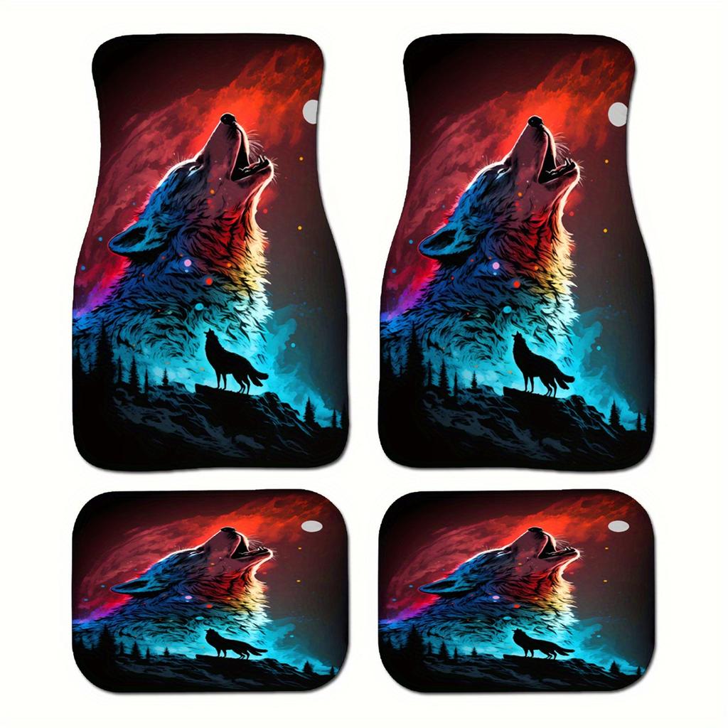 4 шт. Коврик с принтом волка разных цветов, автомобильные коврики для пола для Автомобиля, Фургона, Грузовика, Внедорожника - Полный Комплект Передний и Задний, Универсальная Посадка, Защита и Декор Салона Автомобиля