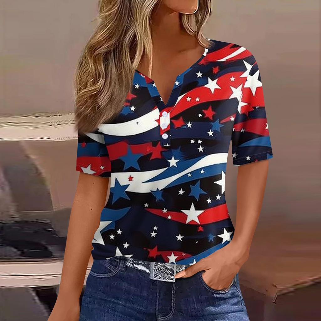 Жен. Футболка С принтом Пуговицы С короткими рукавами Повседневные Выходные Мода Классический V-образный вырез Обычный Верх