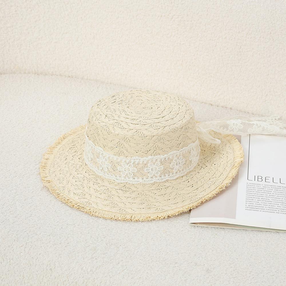 Lace Flower Straw Hat Breathable Material Solid Fringe Beach Straw Hat Extended Brim Elegant Style Wide Brim Sun Hat
