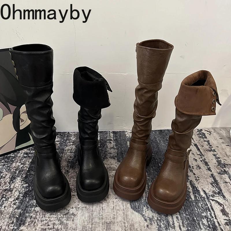 Thick Heel Women Knee High Boots Fashion Slip On Shoes Autumn Winter Laides Concise Knight Long Botas De Mujer
