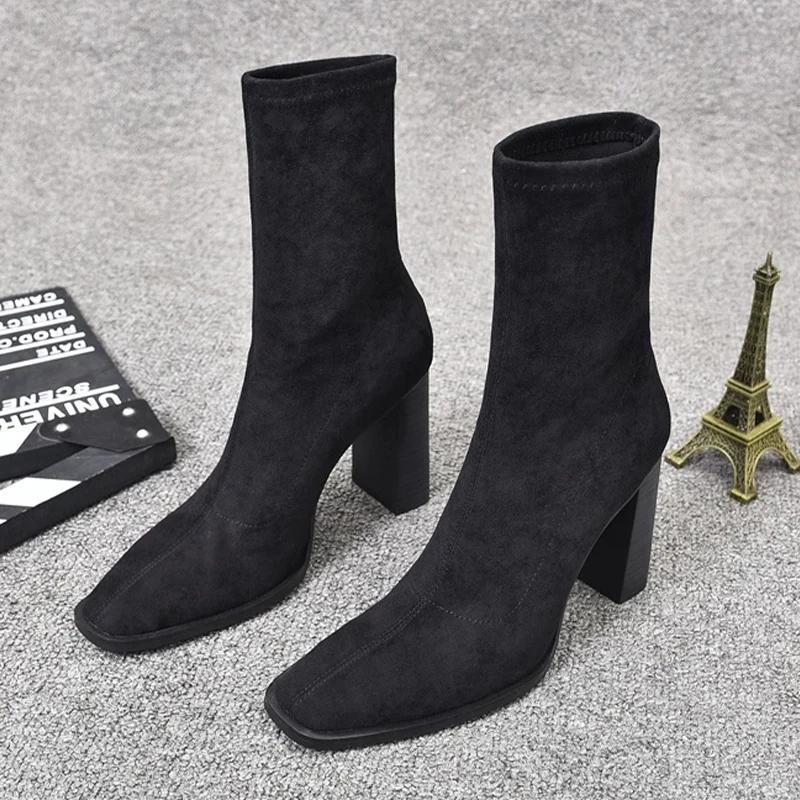 Chunky Women Ankle Boots Square Toe Leather High Heels Fashion Shoes 2025 Trend Designer Winter Chelsea Boots Pumps Botas Mujer