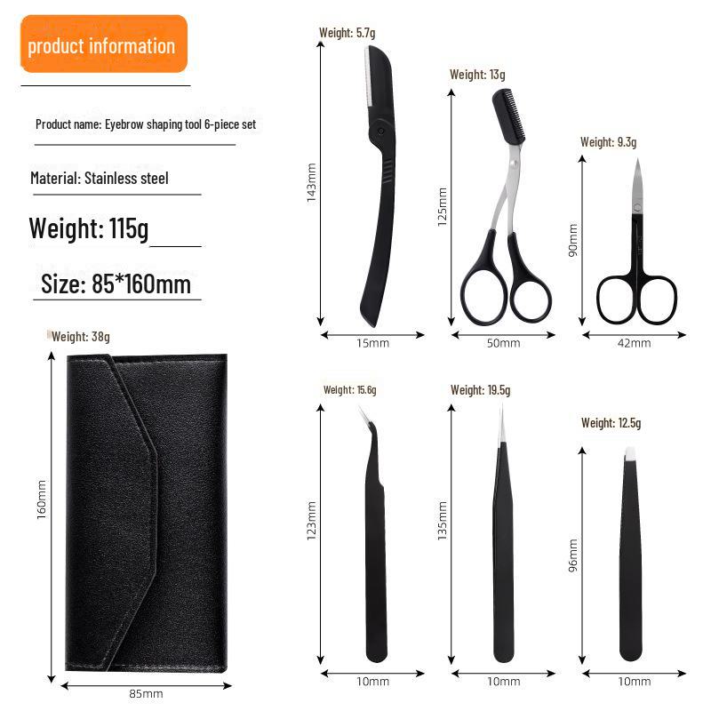 6-Piece Eyebrow Trimming Set: Includes Trimmer, Scraper, Tweezers, Scissors, False Eyelash Tweezers, and Storage Bag