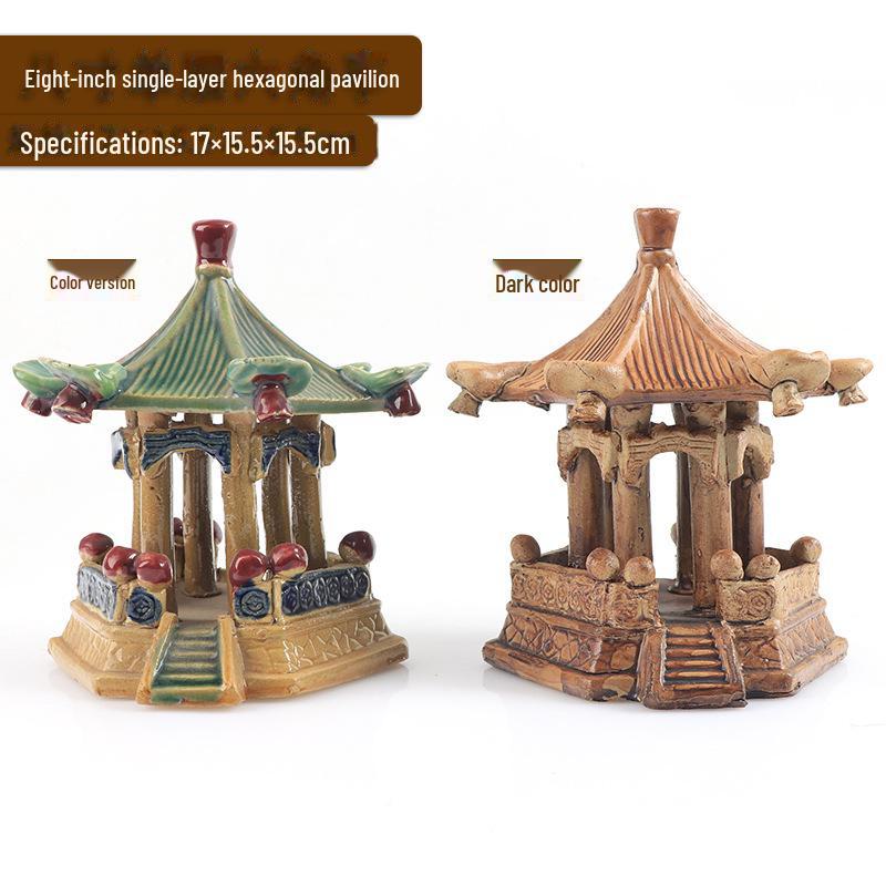 Ландшафтное оформление аквариума: Каменная скала и керамический павильон с водопоглощающим орнаментом для бонсай